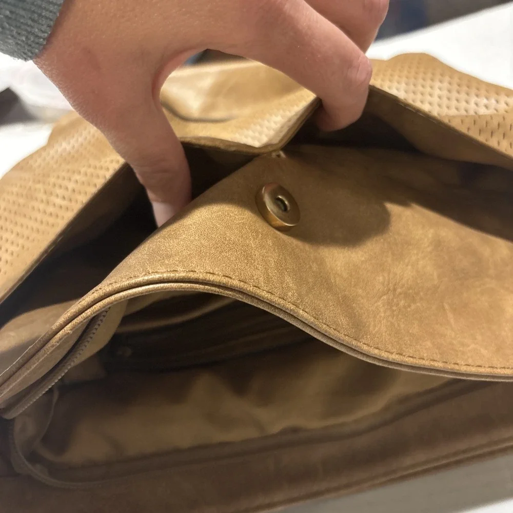 Parker Laser Cut Buckle‎ Fold Over Backpack Vegan Leather in Tan